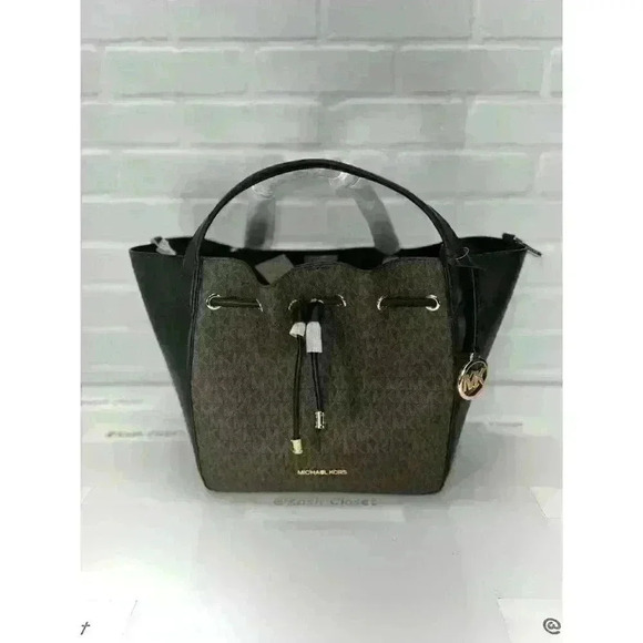 Michael Kors Phoebe Bucket Tote Bag Drawstring Large Purse Logo Brown Black